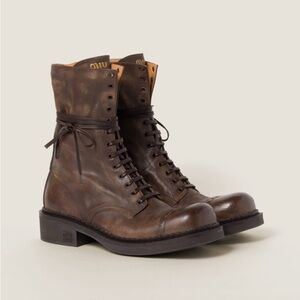 New! Miu Miu Brown Leather Combat Boots